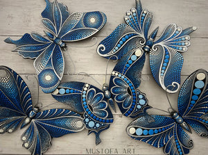 Blue Magical Butterfly Hand carved and Dot Painted by Mustofa Art Various Options