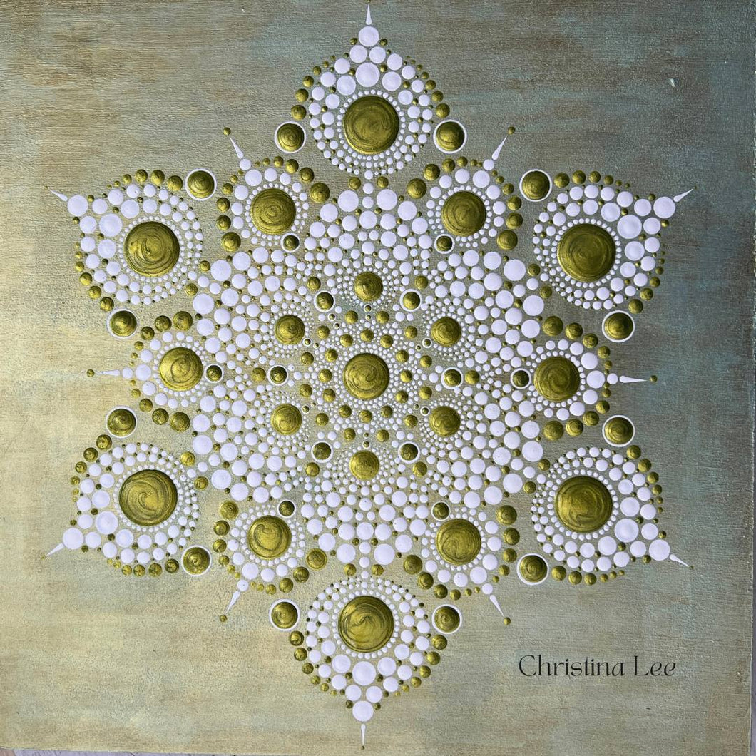 Green and Pearl 6 Point Mandala Painting on Wood Board by Christina Lee