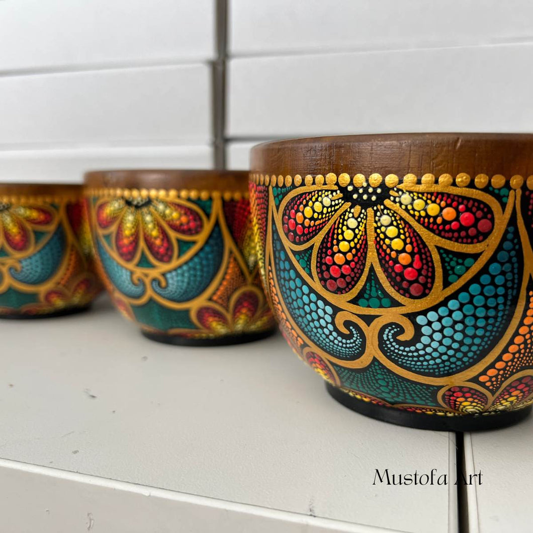 Mahogany Wooden Bowls Painted by Mustofa Art