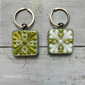 Metallic Green on Green Square Mandala Keychain by Christina Lee