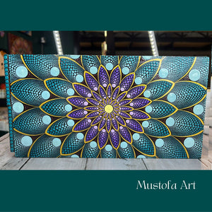Beautiful Wooden Square Treasure Box Blue Flower Petal Motif by Mustofa Art