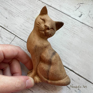 Unpainted Wooden Cat Figurines Hand Carved by Mustofa Art