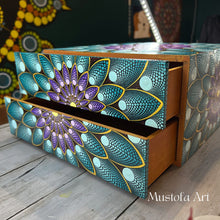 Load image into Gallery viewer, Beautiful Wooden Square Treasure Box Blue Flower Petal Motif by Mustofa Art
