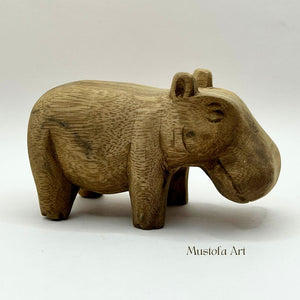 Unpainted Wooden House Hippo Figurines Hand Carved by Mustofa Art