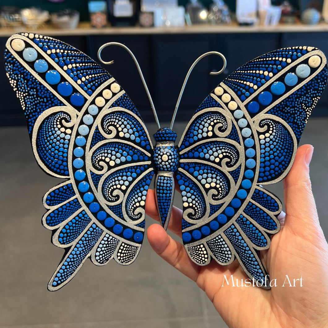 Blue Magical Butterfly Hand carved and Dot Painted by Mustofa Art Various Options