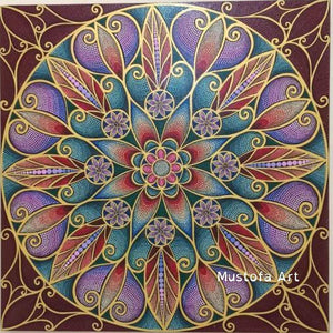 Beautiful 31.5" Mandala Painting Burgundy Background by Mustofa Art
