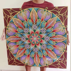 Beautiful 31.5" Mandala Painting Burgundy Background by Mustofa Art