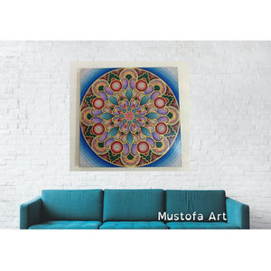 Stunning 31.5" Mandala Painting Blue Background by Mustofa Art